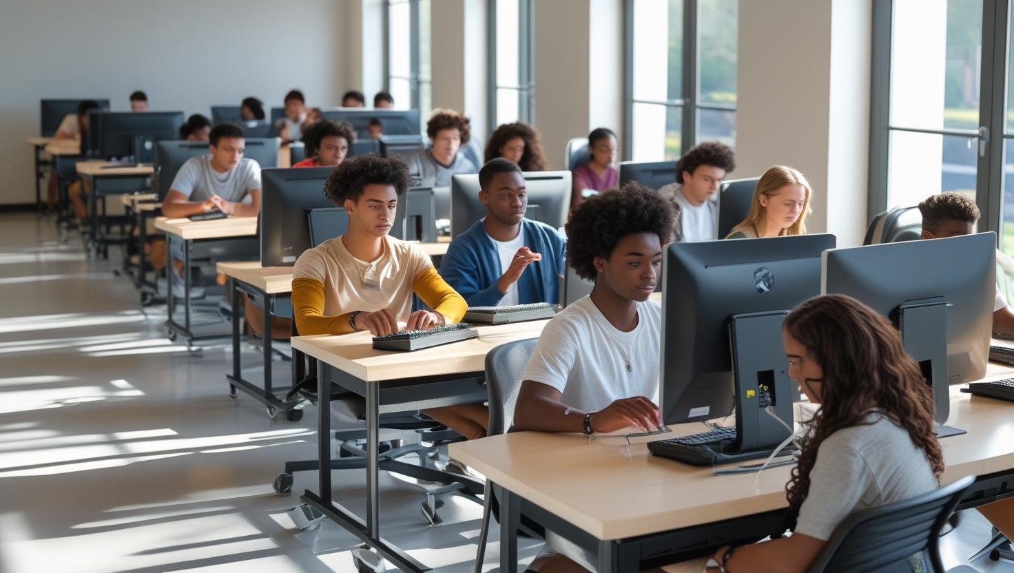 Alunos realizando prova online